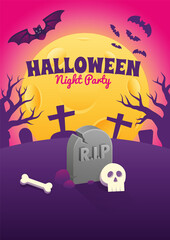 Halloween Event Poster Night Party Headstone Grave Cemetery Skull Bone and Full Moon Vector Background Wallpaper Design