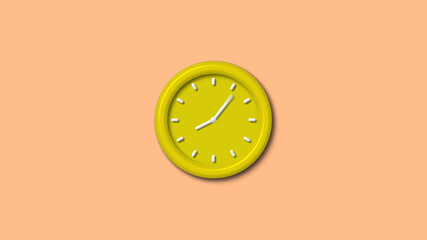 Amazing yellow color 3d wall clock isolated on brown light background, Counting down wall clock