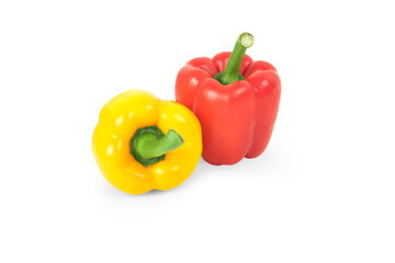Red and yellow bell peppers isolated on white background.
