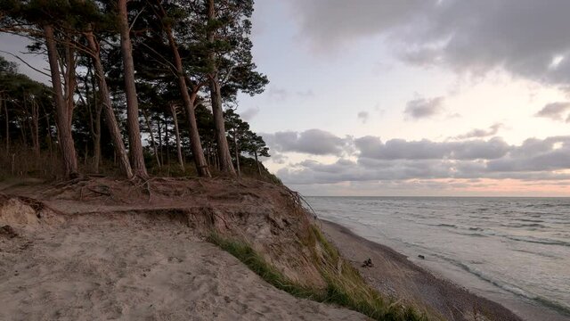 A wooden swing hanging between two pine trees growing on sandy hillside. Beautiful sunset on the Baltic sea at "Dutchman cap" place near Klaipeda.