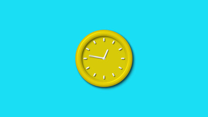 Yellow color 3d wall clock isolated on cyan background, 3d wall clock