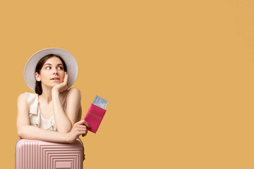 Dreamed vacation. Holiday trip. Passport control. Flight check-in. Thoughtful woman leaning...