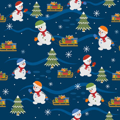 pattern Snowmen drive a sled with gifts past a forest of Christmas trees, color isolated vector illustration on a blue background in the flat style, postcard, clipart, design, decoration, scrapbooking