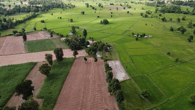 Aerial views of arable agriculture and rural area rainstorms.