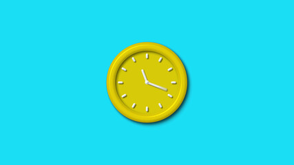 New yellow color 3d wall clock isolated on cyan background, 12 hours wall clock