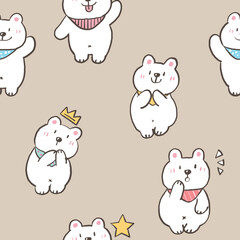 Seamless Pattern with Cute White Bear Characters on Light Brown Background