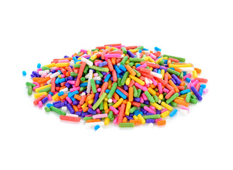 Colorful sugar sprinkle decoration for cake and bakery isolated on white.