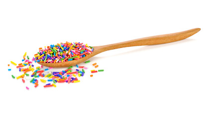 Colorful sugar sprinkle decoration for cake and bakery isolated on white.