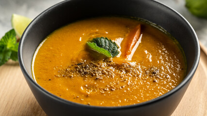 Pumpkin carrot soup with baked peppers and cheese, lime juice and ginger, served with nuts and fresh mint on wooden background