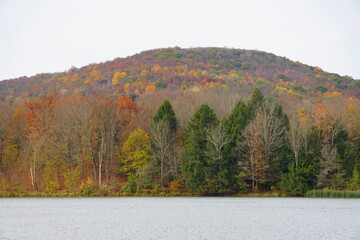 Striking fall foliage by the lake near Mount Pisgah State Park, Troy, Pennsylvania, U.S.A