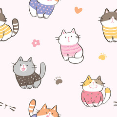 Seamless Pattern with Cute Cat Characters on Light Pink Background