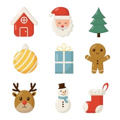 cute christmas flat icon set isolated on white background. vector Illustration.