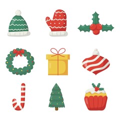 cute christmas flat icon set isolated on white background. vector Illustration.