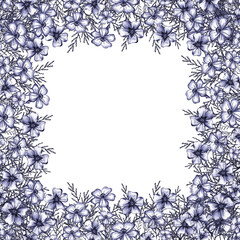 Frame with Blue Hand-Drawn Thin-leaved Marigolds Flowers.