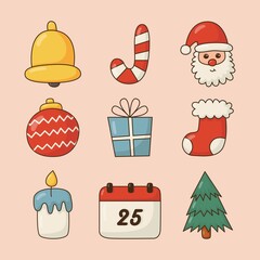 cute christmas flat icon set isolated on pink background. vector Illustration.
