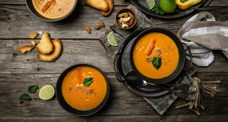 carrot soup with baked peppers and cheese, lime juice and ginger in black plate over dark background Top view Copy space