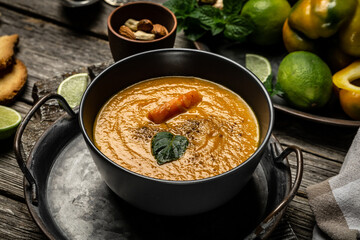 carrot soup with baked peppers and cheese, lime juice and ginger, served with nuts and fresh mint on wooden background