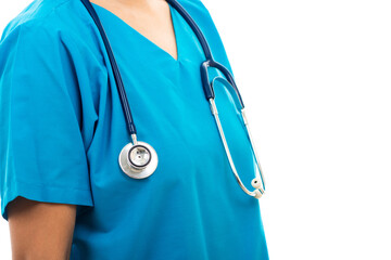 A confident female nurse standing with stethoscope, woman doctor in blue uniform, studio shot isolated on over white background, medical health concept