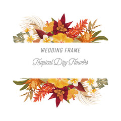 Tropical floral frame with palm leaves, tropic flowers. Elegant backdrop decorated with foliage of exotic jungle plants