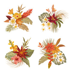 Tropical floral boho bouquet collection. Watercolor blossom tropic flowers and leaves. Vector design isolated