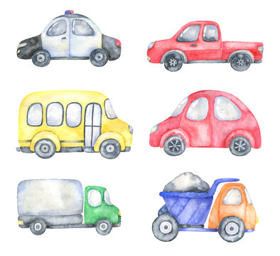 Watercolor transport cars kids illustration