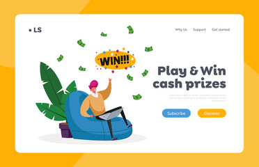 Man Win Money in Internet Landing Page Template. Happy Male Character Sitting with Laptop in Armchair Celebrate Win