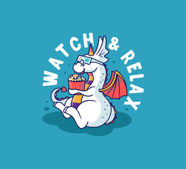 The funny dragon is watching a movie and eating a popcorn