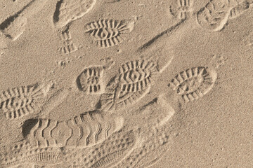 Footprints in wet sand on a beach, background photo