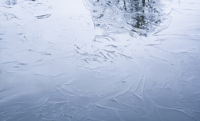 Thin ice surface on frozen lake, natural background