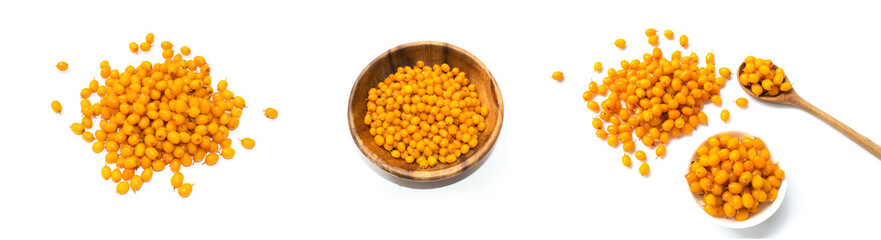 Set of fresh sea buckthorn on a white background. Sea buckthorn in a wooden spoon. From top view