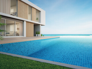 Fototapeta na wymiar Empty outdoor wooden floor terrace near swimming pool and green grass garden in modern beach house or luxury villa. Building exterior 3d rendering with sea view.