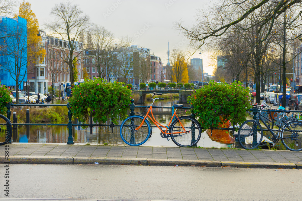 Wall mural Bicycle and an Amsterdam canal, The Netherlands