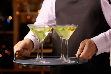 Waiter with fresh martini in pub