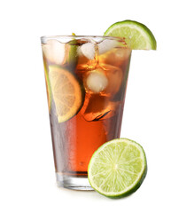 Glass of tasty Cuba Libre cocktail on white background
