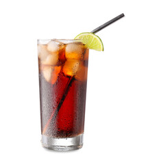 Glass of tasty Cuba Libre cocktail on white background