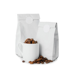 Blank coffee bags and cup on white background