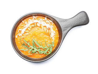 Tasty pumpkin cream soup in bowl on white background