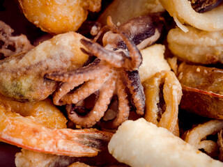 High resolution shot with Fritto misto dish macro closeup octopus shrimp fries