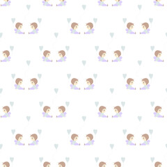Seamless patterns. Romantic collection - male love. Cute angel boys sit with balloons and hearts on a white background. Vector. Pastel shades. For valentines, textiles, packaging and printing