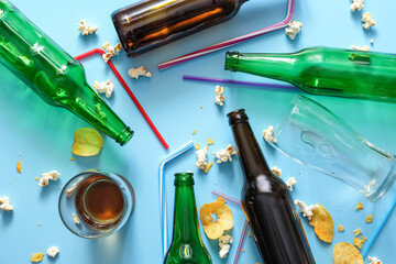 Mess after party celebration on color background