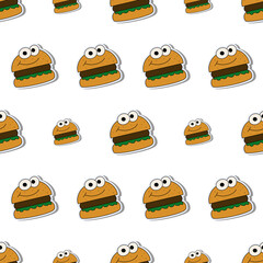 Burger seamless pattern in flat style. Burger sticker. Suitable for backgrounds, postcards, and wrapping paper. Vector.