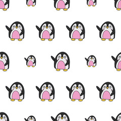 Obraz premium Seamless background with funny penguin. Cute penguin waving his paw. Suitable for backgrounds, postcards, and wrapping paper. Vector.