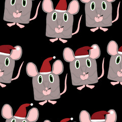 New Year seamless pattern with rats with Santa hats on a black background