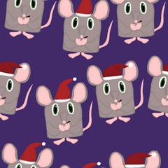 New Year seamless pattern with rats with Santa hats on a purple background