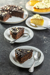 Piece of chocolate cake on dessert plate