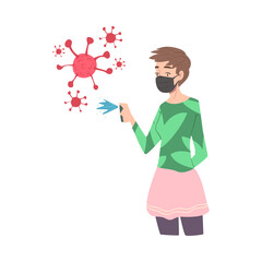 Young Woman Wearing Protective Medical Mask with Antibacterial Spray, Protection from Virus Outbreak, Pandemic Prevention Concept Cartoon Style Vector Illustration
