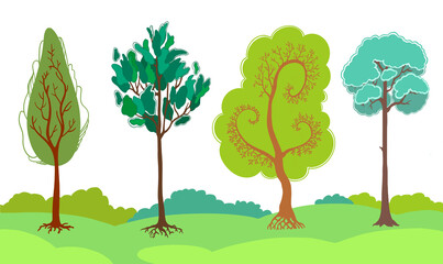 Fabulous background with different beautiful trees. Seamless forest illustration