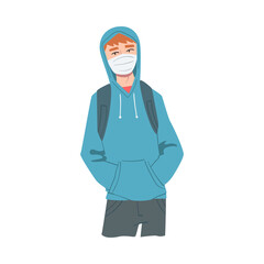 Young Man in Hoodie Wearing Protective Mask, Protection from Virus Outbreak, Pandemic Prevention Concept Cartoon Style Vector Illustration