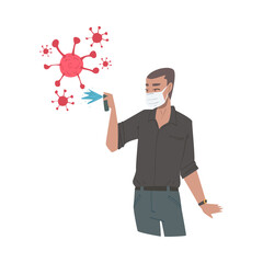 Man Wearing Protective Mask Spraying Antibacterial Liquid, Protection from Virus Outbreak, Pandemic Prevention Concept Cartoon Style Vector Illustration