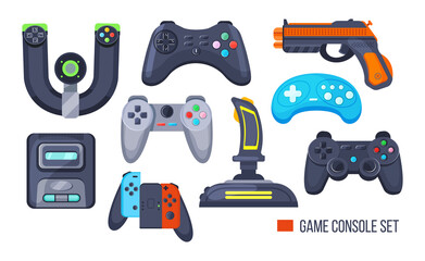 Set game console. Gamepad, playing joystick, video console, joy video games gadgets, wireless gamepad steering wheel. Retro modern devices for gamers gaming consoles vector